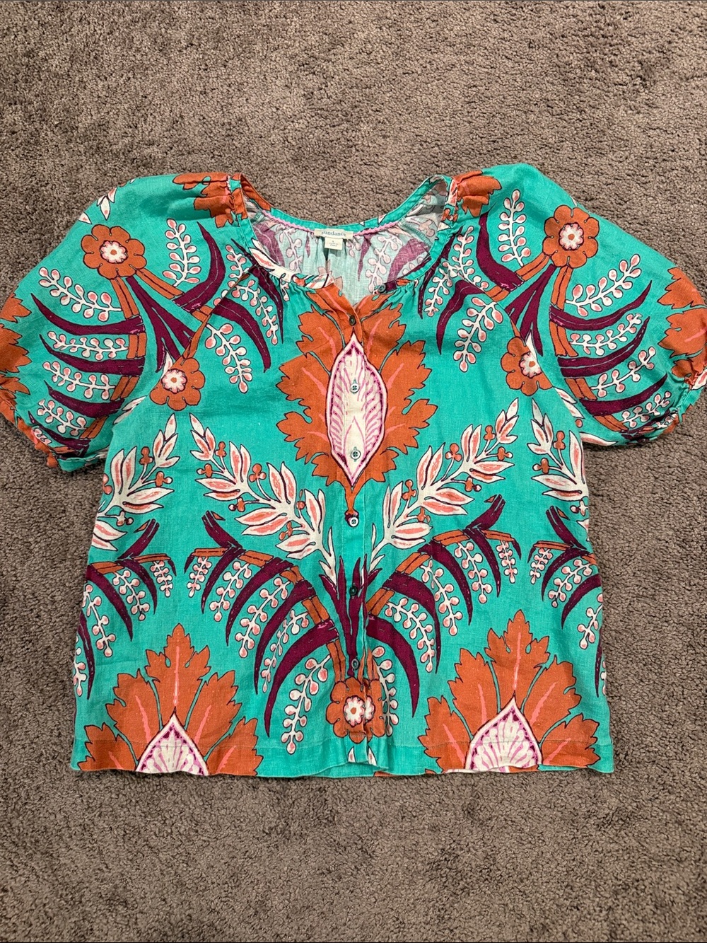 Sundance 100% Linen Turquoise Short-Sleeve Floral Button Front Blouse